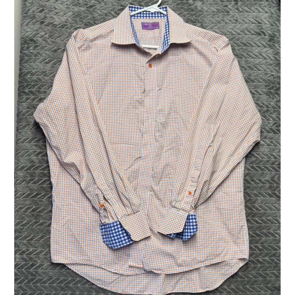 Lorenzo Uomo Dress Shirt 17.5 34/35 Trim‎ Fit Orange Blue Check Cotton (1601)